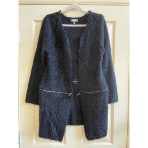 Neiman Marcus black fuzzy sweater jacket with zipper detail